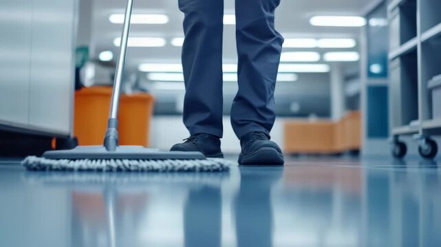 A man in a blue uniform using a mop to clean a hospital floor.