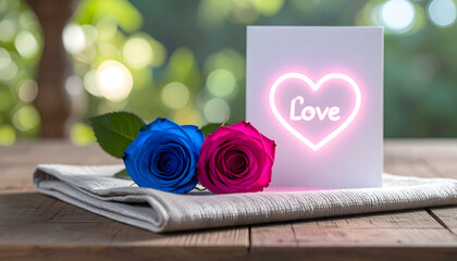 Eternal Devotion: A romantic arrangement of two roses with a card, featuring an illuminated heart and the word Love, rests upon a wooden table, evoking heartfelt emotion.