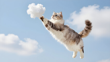 A fluffy cat with blue eyes jumping and flying through the sky to touch a cloud, a surreal and whimsical concept for imagination and dreams.
