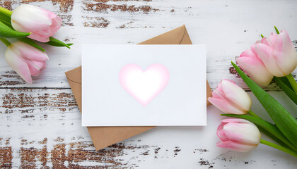 Love's Gentle Touch: A tender arrangement features delicate pink tulips, a heartfelt greeting card adorned with a soft pink heart, and a rustic envelope on a wooden surface.