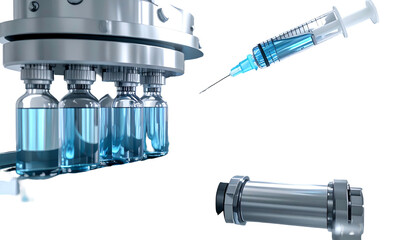 Close-up of medical vials, an injection, and a cylindrical medical device
