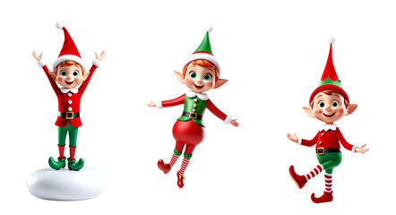 Set of Christmas character Isolated on transparent background Three animated elves dressed in colorful holiday outfits, displaying joyful poses and expressions, capturing the essence of festive cheer