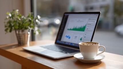 Fintech dashboard on laptop in cozy cafe setting with coffee