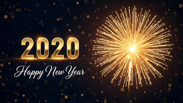 Golden 2020 text with happy new year greeting and bright sparkling fireworks display celebration