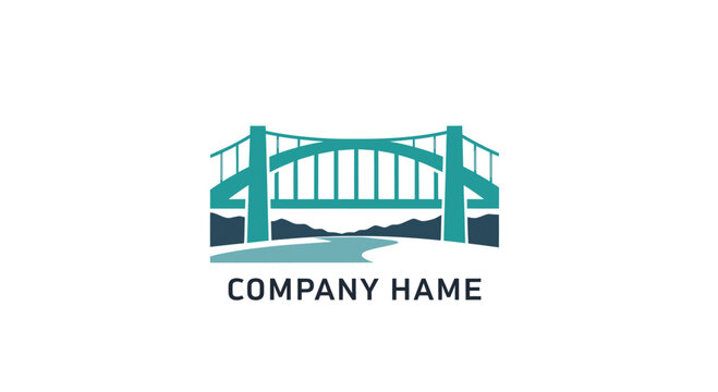 A blue-green bridge spans a river in this minimalist logo
