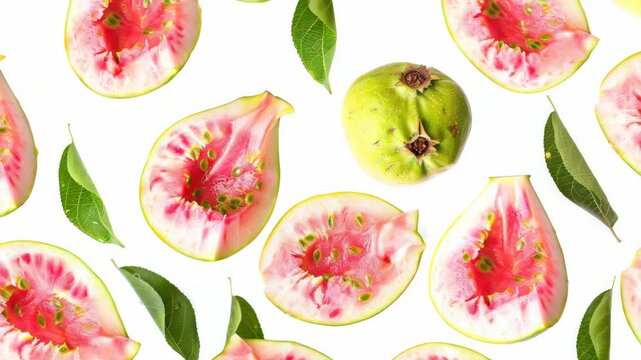A close up of a fruit with a green stem and pink flesh. The fruit is cut in half and has a green stem