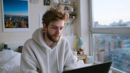 Freelancer focused on photo editing with laptop in cozy bedroom setting