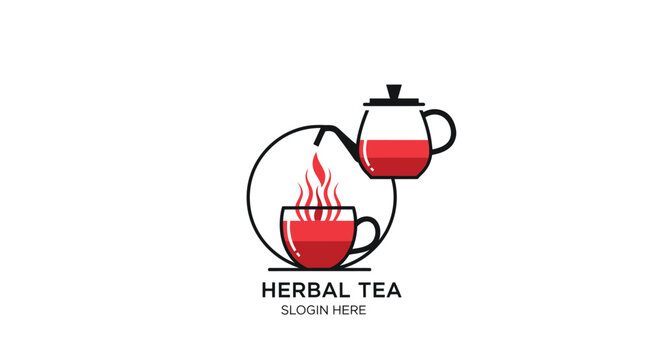 Stylized herbal tea logo teapot pouring into a steaming cup