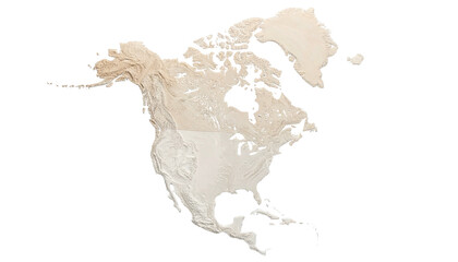 A creamy, topographic map depiction of North America with a black background