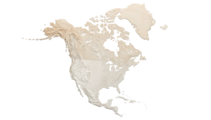 A creamy, topographic map depiction of North America with a black background