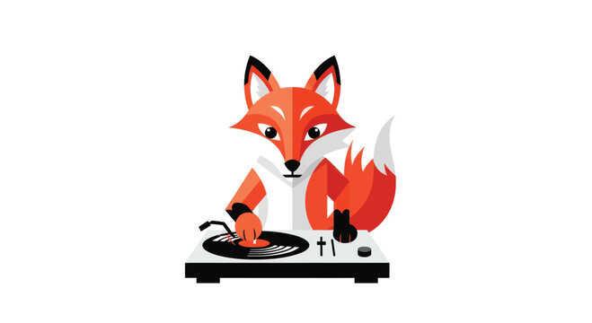 Cartoon fox DJ playing music on a record player