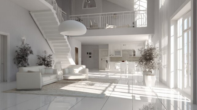 A spacious living area bathed in sunlight features elegant white furniture, high ceilings, and a sweeping staircase. The open concept connects to a beautifully designed kitchen. Cloud Dancer Color 