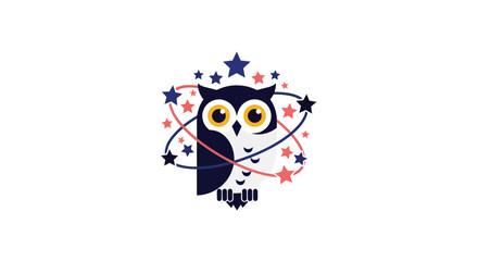 Cartoon owl with big yellow eyes encircled by stars and curved lines, navy and coral colors