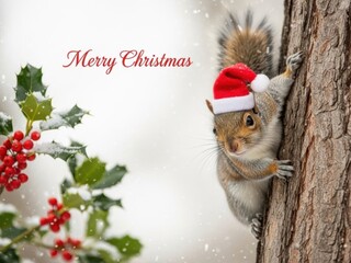 Cute squirrel wearing a tiny santa hat clinging to a tree trunk next to snowy holly with red berries and the text merry christmas
