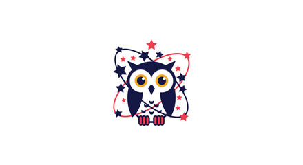 A stylized, navy owl surrounded by star trails