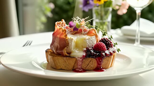 Warm, inviting baked delights, featuring generously portioned camembert filled treats paired with fresh fruits, sit on a table amidst a rustic atmosphere, capturing the essence of sophisticated.