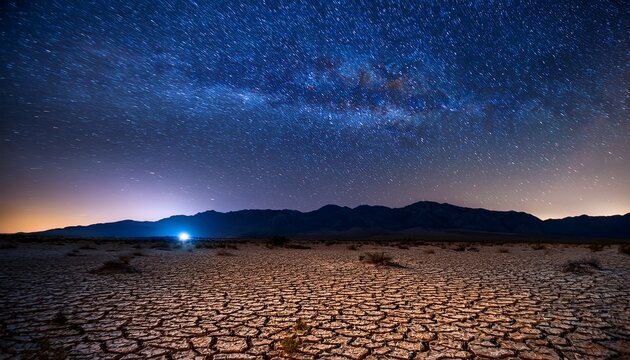 night sky full of stars and glowing milky way over cracked dry desert ground with mountain horizon - Powered by Adobe