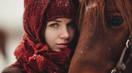 Woman in red scarf and hat with a horse in winter