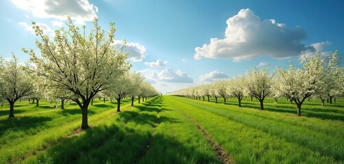 Fototapeta premium Orchard with rows of blooming cherry trees under blue sky. Green grass field with long shadows. Rich trees covered with white flowers in springtime. Healthy nature scene.