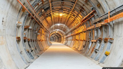 Construction infrastructure tunnel development concept. Underground tunnel with concrete walls and artificial lighting.