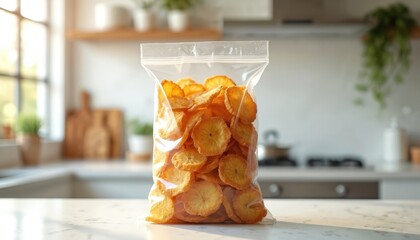 Obraz premium Plantain chips in transparent plastic bag stand on kitchen counter. Crispy fried golden snack food product is ready to eat. Healthy vegan or vegetarian meal. Appetizing snack.