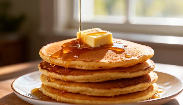 Golden pancakes stacked high with butter and warm syrup cascading down pancake stack syrup, breakfast, food.