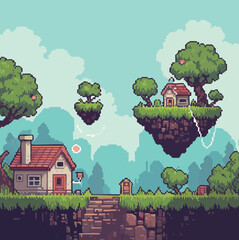 Floating Village in a Fantasy Pixel World