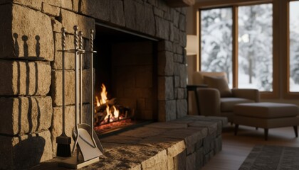 Warm and inviting winter living room with a roaring fireplace, stone walls, and a peaceful snowy landscape seen through large windows, creating a perfect cozy retreat from the cold outside.