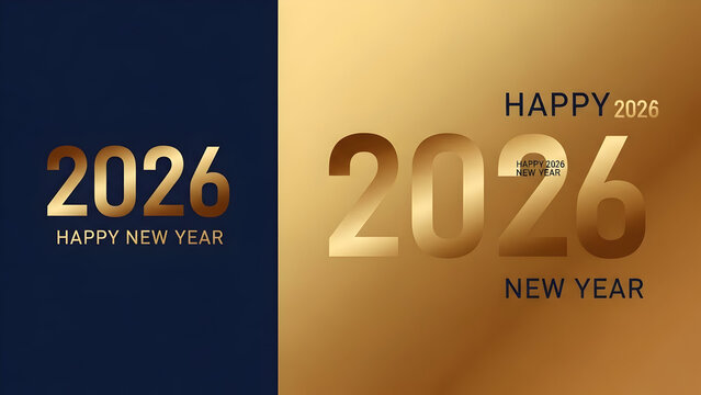 Elegant gold and blue design celebrating happy new year 2026 with bold typography