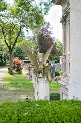 großer Engel mit ausgebreiteten Flügeln neben einem Grabstein von hinten auf dem Katholischen Friedhof in Kempten - Allgäu © Blende8