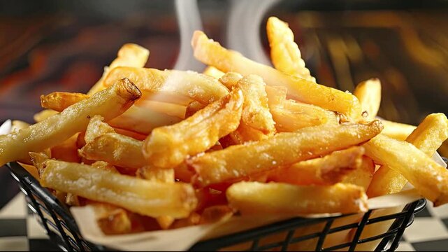 A close-up of hot steaming golden-brown french fries sprinkled with salt served in a black wire basket lined with paper on a checkered surface