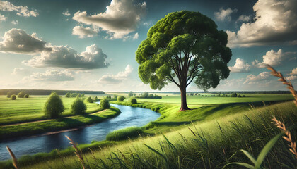 A wide view with a single large tree