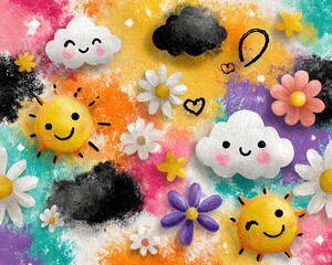 Colorful pattern of sunny clouds and flowers.