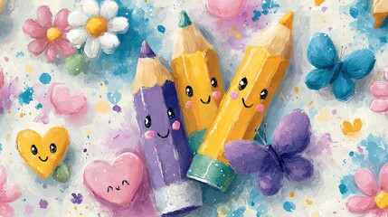 Colorful cartoon pencils with cheerful faces.
