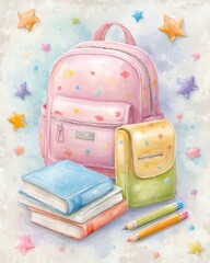 Colorful school supplies in a playful arrangement.