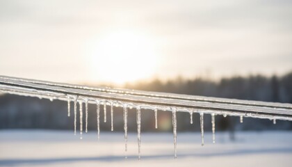 Frozen icicles hang from electric power lines in the soft glow of a winter sunrise, creating a stunning natural display that blends the beauty of frost with the quiet stillness of a snow-covered lands