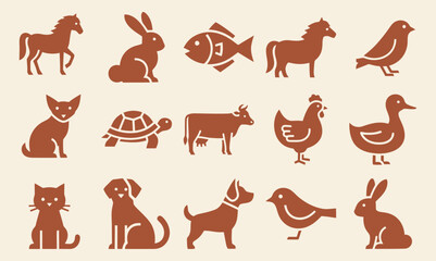 Obraz premium Comprehensive collection of solid filled companion animal icons featuring dog cat bird rabbit horse fish turtle hamster on a brown background