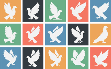 Comprehensive icon set featuring solid filled doves in diverse poses including flying perched and silhouette variations with multiple color options