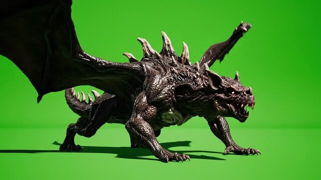 Powerful dragon roaring on green screen, ready to fly into your fantasy project, cinematic animation, or game development scene with stunning detail