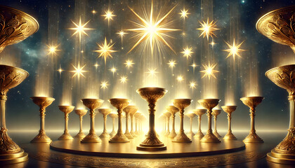 Seven stars float above and among seven golden candlesticks.