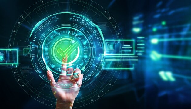 hand interacting with futuristic holographic interface with green approval checkmarks - Powered by Adobe