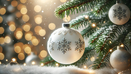 White Christmas ornaments hanging on pine branches