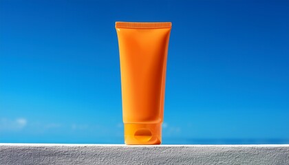 realistic sunscreen tube stands elegantly on ledge bathed in sunlight against clear blue sky serene atmosphere evokes sense of calm and protection from sun rays