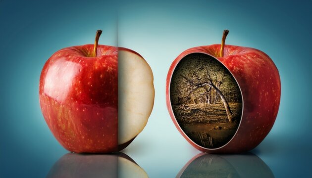 apple in good condition looking at itself in the mirror while its back is rotten psychological concept deception