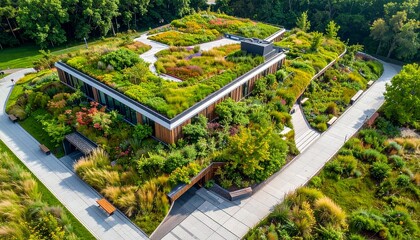 Sustainable Skyline Office Building Featuring an Extensive Green Roof with Walkways and Native Flora.