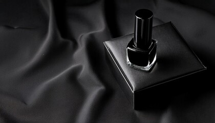 sleek black nail polish bottle elegantly positioned on textured black box creating sophisticated and minimalist aesthetic soft fabric backdrop enhances luxurious feel of composition