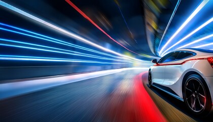 a sleek white sports car with red taillights zips through a tunnel illuminated by vibrant blue neon lights the blur of motion creates a sense of speed and energy