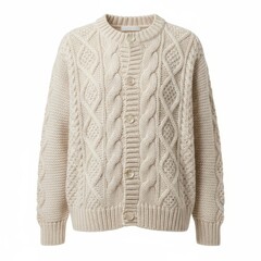 Cozy beige cable knit wool cardigan with classic buttons and textured pattern, perfect for cold weather layering and timeless winter fashion in a warm, comfortable, and natural style.