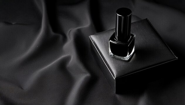 sleek black nail polish bottle elegantly positioned on textured black box creating sophisticated and minimalist aesthetic soft fabric backdrop enhances luxurious feel of composition