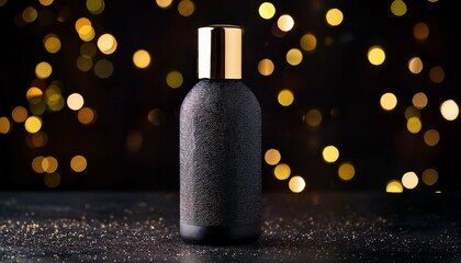elegant black bottle with golden cap reflecting light against dark sparkling background luxurious design evokes sense of sophistication and allure